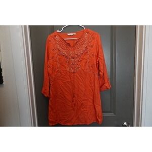Max Embroidered‎ Tunic Top Boho Hippie Festival Orange 3/4 Sleeve Size L